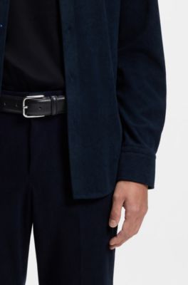 Leren business riem met gepolijste zilverkleurige gesp, Donkerblauw