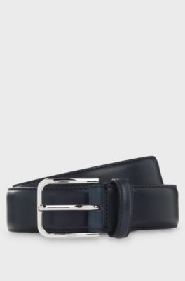 Leren business riem met gepolijste zilverkleurige gesp, Donkerblauw