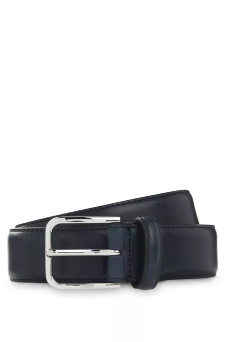 Leather business belt with polished silver buckle