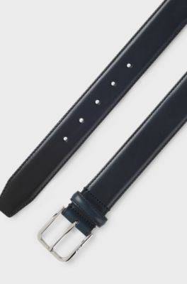 Leather business belt with polished silver buckle, Dark Blue