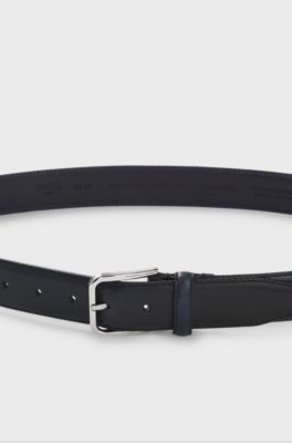 Leather business belt with polished silver buckle, Dark Blue