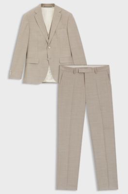 Gemusterter Regular-Fit Dreiteiler aus Stretch-Wolle, Beige
