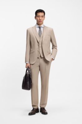 Three-piece regular-fit suit in patterned stretch wool, Beige