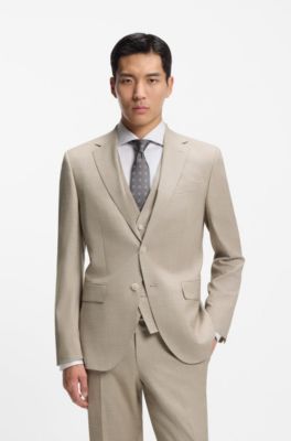 Regular-fit driedelig pak met dessin van stretchwol, Beige