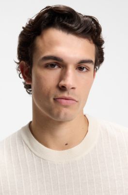 Linen-cotton sweater with rib and ricecorn structures, Natural