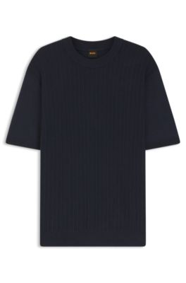 Linen-cotton sweater with rib and ricecorn structures, Dark Blue