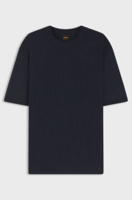 Linen-cotton sweater with rib and ricecorn structures, Dark Blue