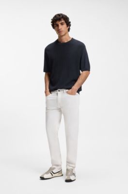 Linen-cotton sweater with rib and ricecorn structures, Dark Blue