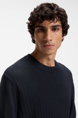Linen-cotton sweater with rib and ricecorn structures, Dark Blue