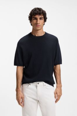 Linen-cotton sweater with rib and ricecorn structures, Dark Blue