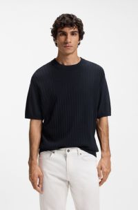 Linen-cotton sweater with rib and ricecorn structures, Dark Blue