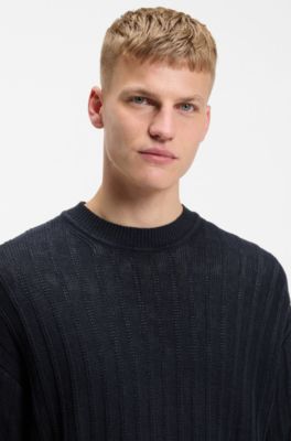 Linen-cotton sweater with knitted structure, Dark Blue