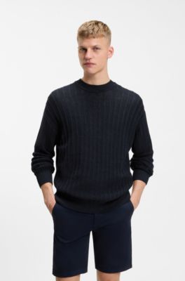 Linen-cotton sweater with knitted structure, Dark Blue