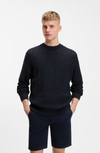Linen-cotton sweater with knitted structure, Dark Blue