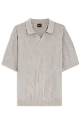Johnny-collar knit polo with graphic pattern, Light Grey
