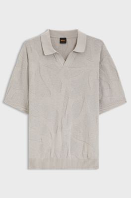 Johnny-collar knit polo with graphic pattern, Light Grey