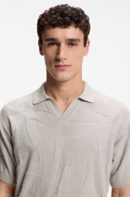 Johnny-collar knit polo with graphic pattern, Light Grey