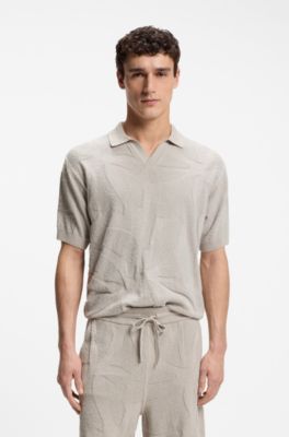Johnny-collar knit polo with graphic pattern, Light Grey