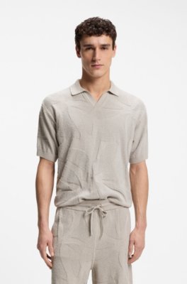 Johnny-collar knit polo with graphic pattern