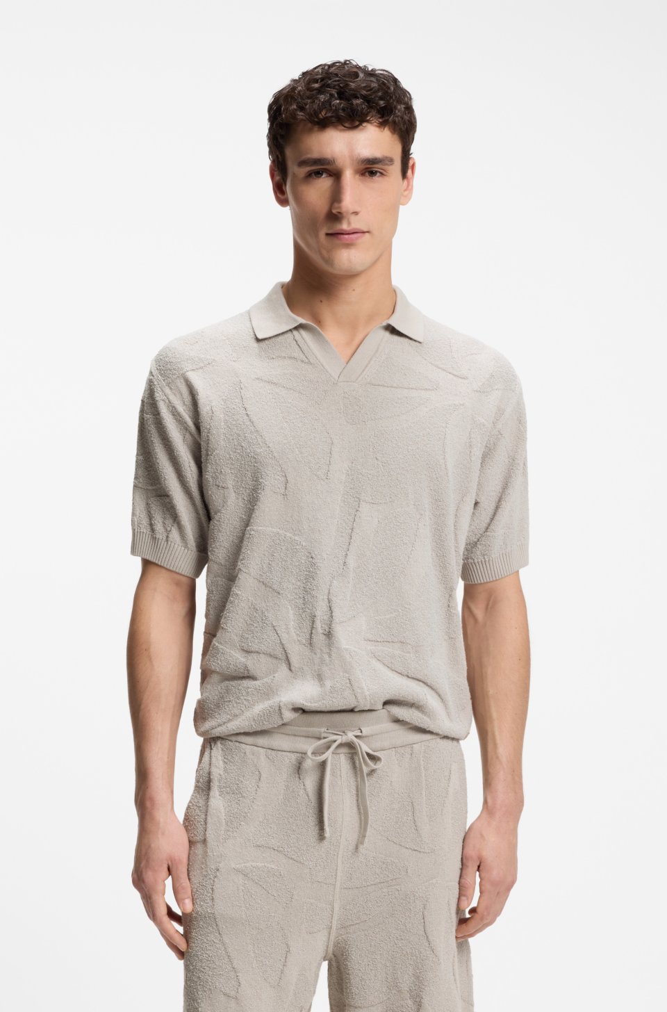 Johnny-collar knit polo with graphic pattern