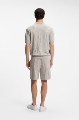 Johnny-collar knit polo with graphic pattern, Light Grey