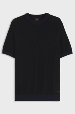 Cotton-blend sweater with two-tone knitted structure, Dark Blue