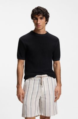 Cotton-blend sweater with two-tone knitted structure, Dark Blue