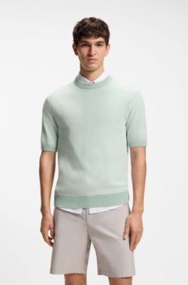 Cotton-blend sweater with two-tone knitted structure, Light Green