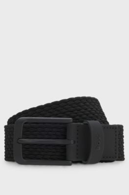 Leather-trimmed woven belt, Black