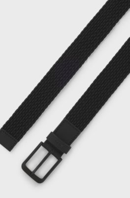 Woven belt with leather trims and logo detail, Black