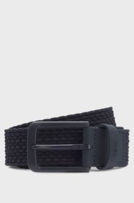 Woven belt with leather trims and logo detail, Dark Blue