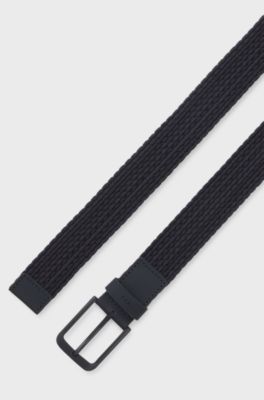 Woven belt with leather trims and logo detail, Dark Blue