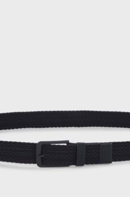 Woven belt with leather trims and logo detail, Dark Blue