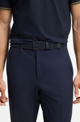 Woven belt with leather trims and logo detail, Dark Blue
