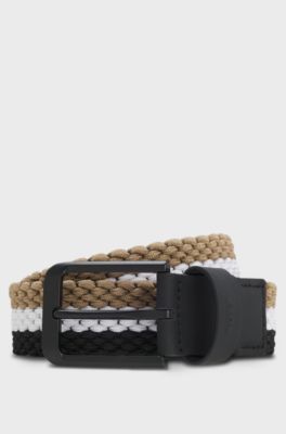 Woven belt with leather trims and logo detail, Patterned