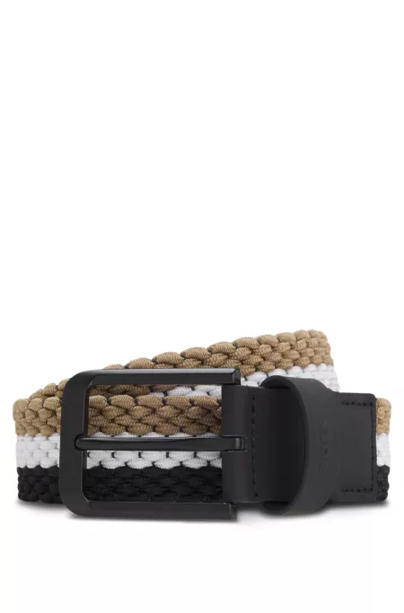 Woven belt with leather trims and logo detail