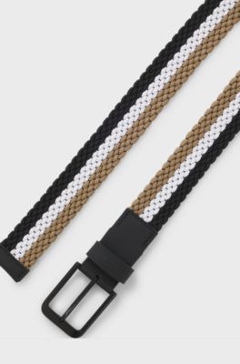 Woven belt with leather trims and logo detail, Patterned