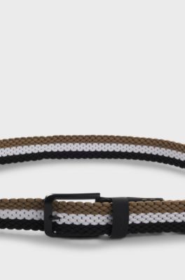 Woven belt with leather trims and logo detail, Patterned