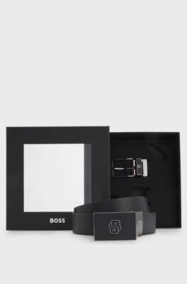 Reversible belt in Italian leather with interchangeable buckles, Black