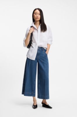 Regular-fit culottes in blue denim with flared leg, Light Blue