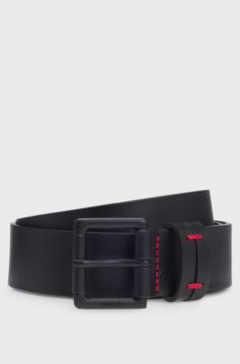 Cinto de pele italiana com presilha com costura vermelha, Black