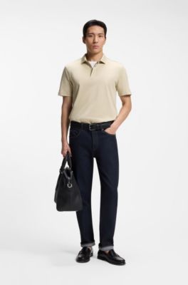 Cotton-blend polo shirt with covered zip, Light Beige