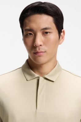 Cotton-blend polo shirt with covered zip, Light Beige