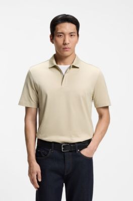 Cotton-blend polo shirt with covered zip, Light Beige