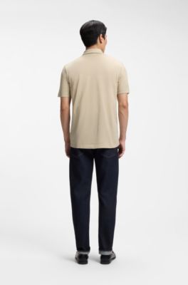 Cotton-blend polo shirt with covered zip, Light Beige