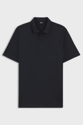 Cotton-blend polo shirt with covered zip, Dark Blue