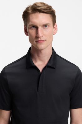 Cotton-blend polo shirt with covered zip, Dark Blue