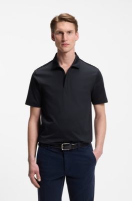 Cotton-blend polo shirt with covered zip, Dark Blue