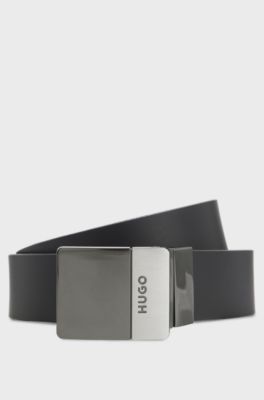 Reversible Italian-leather belt with two buckles, Black