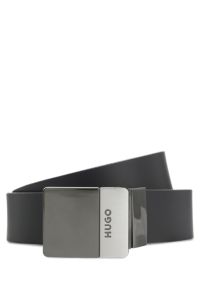 Reversible Italian-leather belt with two buckles, Black